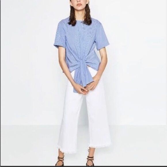 ZARA | NEW Blue & White Striped Poplin Tie Front Button Back Top Women’s Size XL - Picture 10 of 10